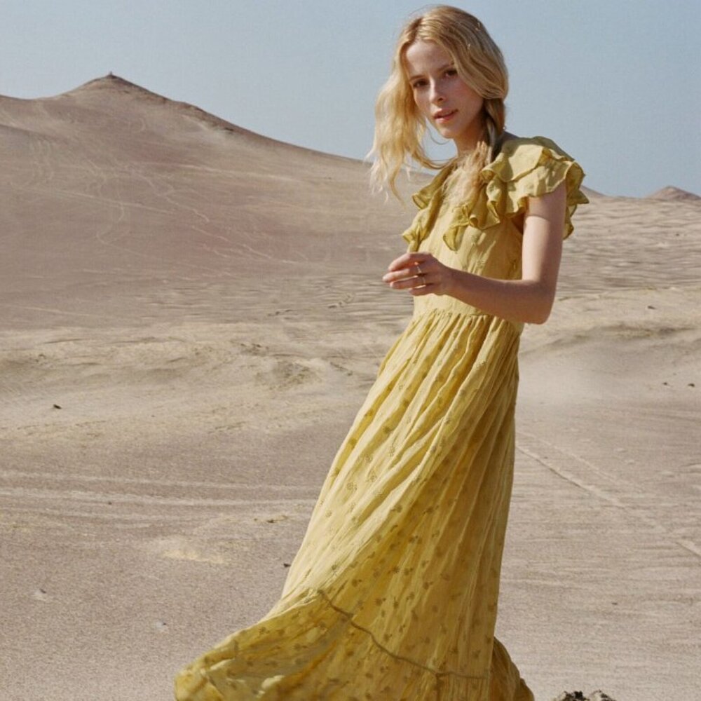 Dôen Flora yellow maxi dress in ginger with matching slip